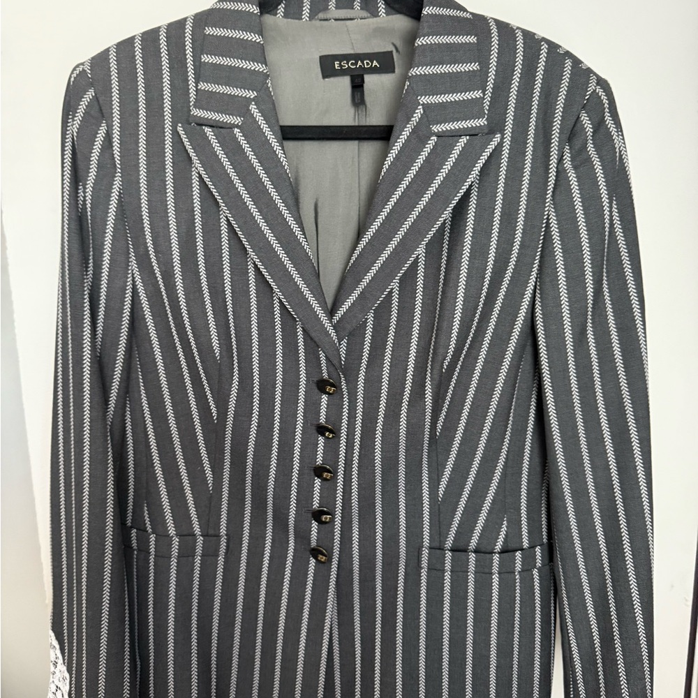 Escada Charcoal and White Pinstripe Blazer, pants, skirt, vest included.